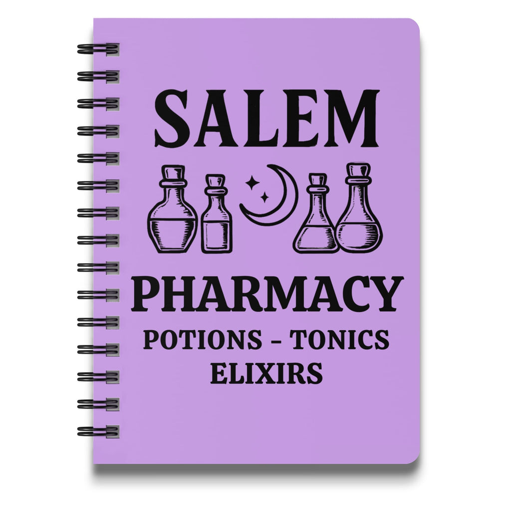 Purple spiral-bound notebook with "Salem Pharmacy Potions - Tonics - Elixirs" text and apothecary bottles.