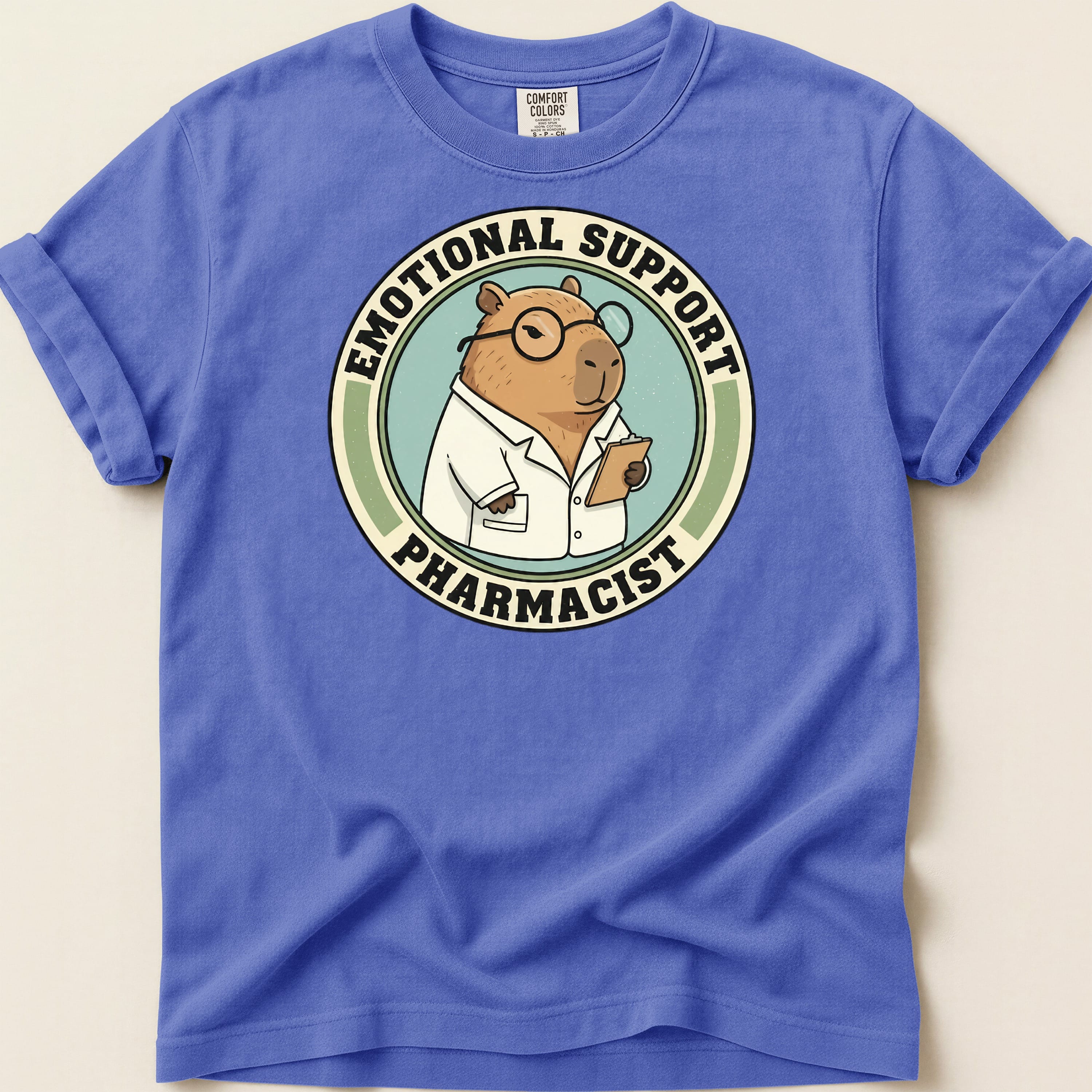 Capybara wearing lab coat and glasses, labeled "Emotional Support Pharmacist".