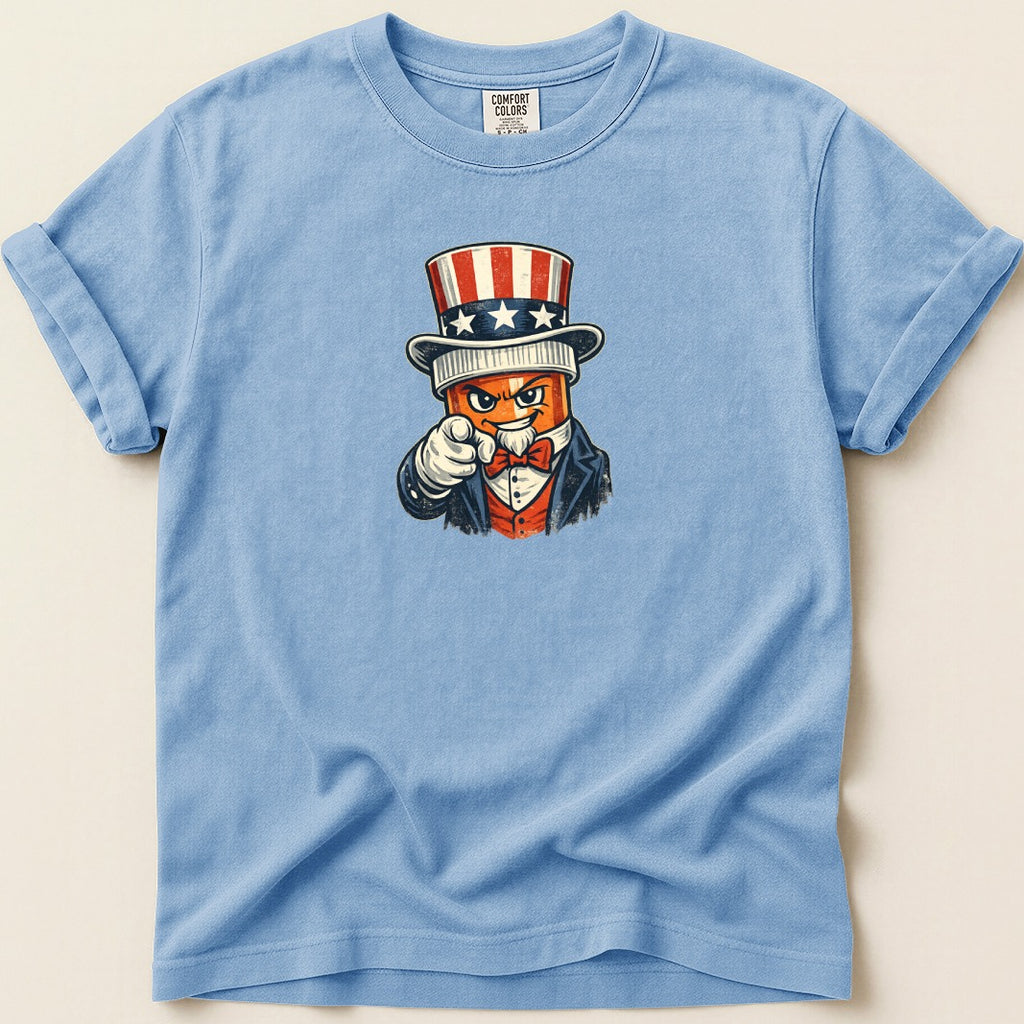 Uncle Sam pointing forward, wearing a top hat with stars and stripes.