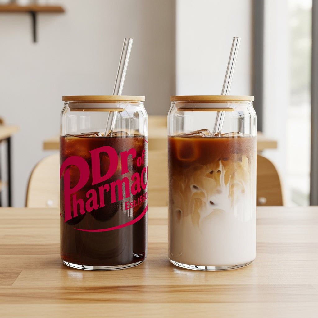 Two glass tumblers with bamboo lids and straws containing coffee drinks.