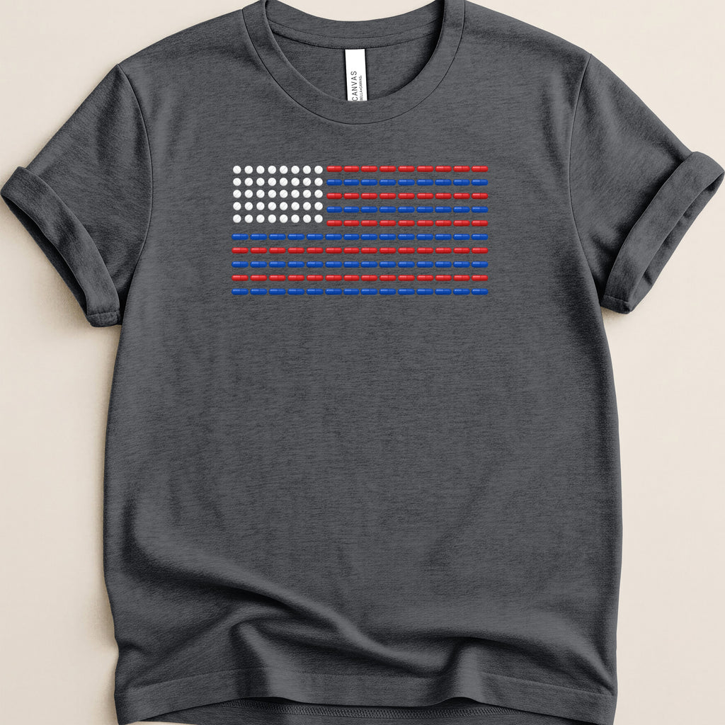T-shirt with an American flag design made of pills.