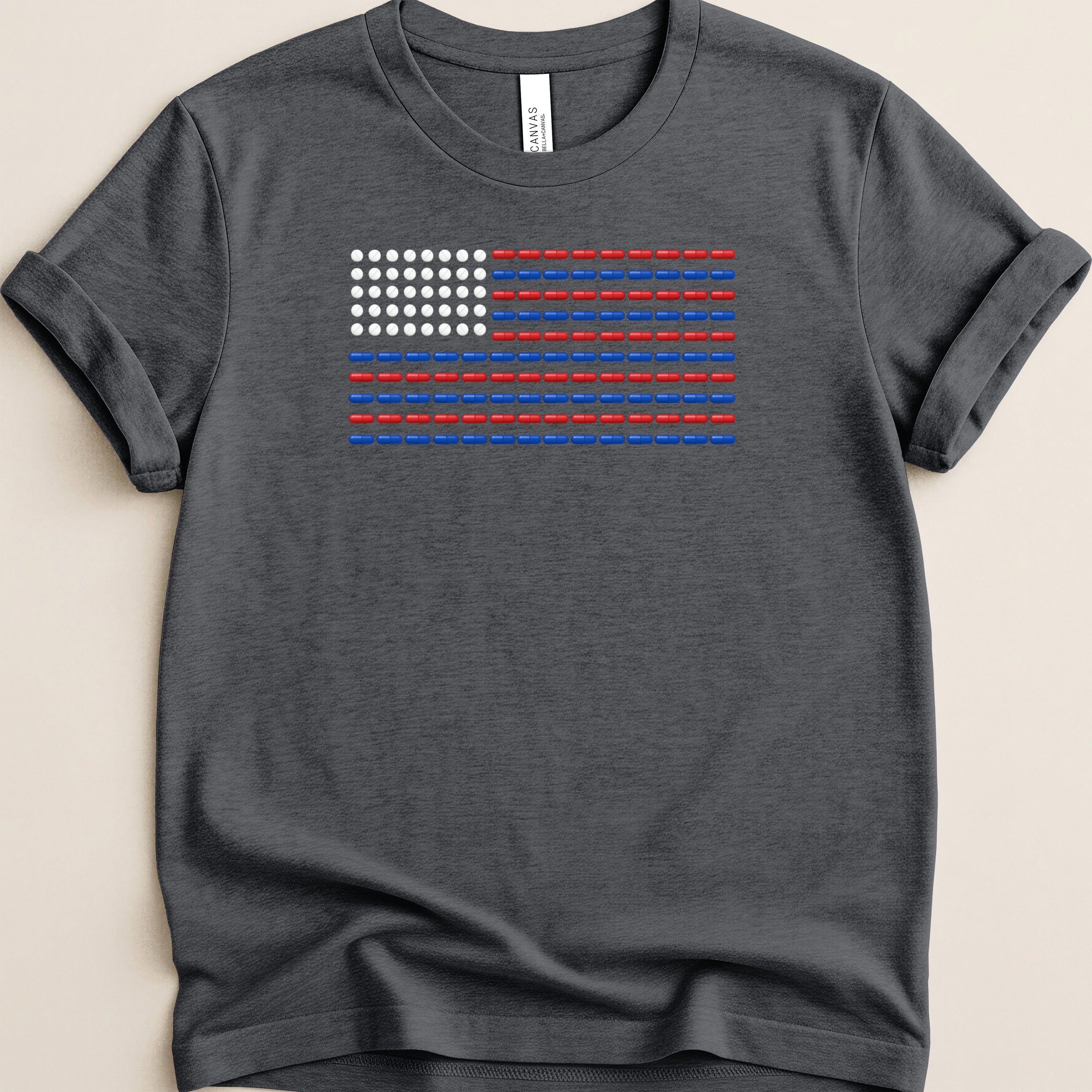 T-shirt with an American flag design made of pills.