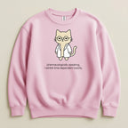 Pink sweatshirt with cartoon cat wearing glasses and lab coat, text reads "pharmacologically speaking, i exhibit time-dependent toxicity."
