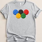 Grey t-shirt with a print of five Olympic rings depicted as pills.
