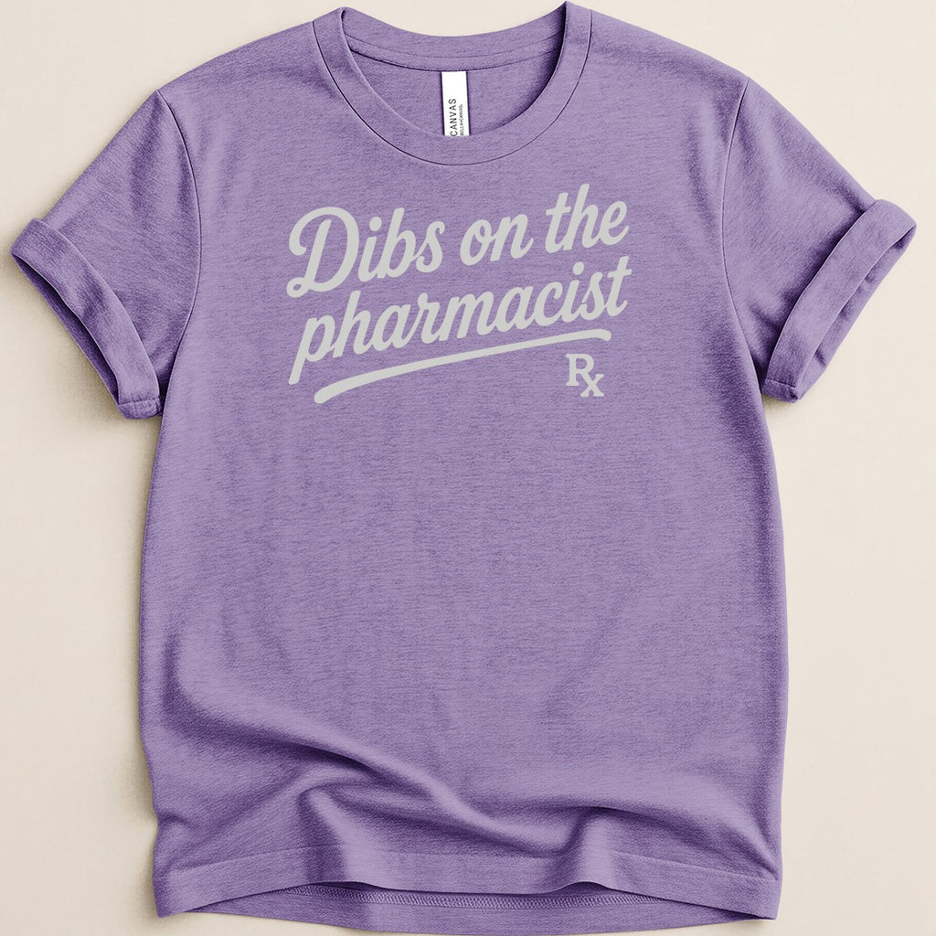 Purple t-shirt with "Dibs on the pharmacist" and "Rx" graphic.