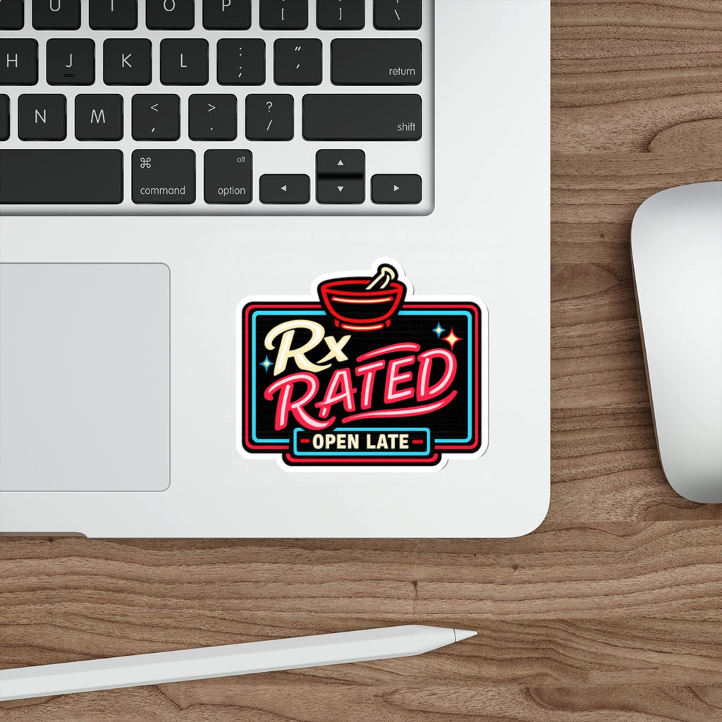 Neon sign with "Rx Rated - Open Late" text and a mortar and pestle.