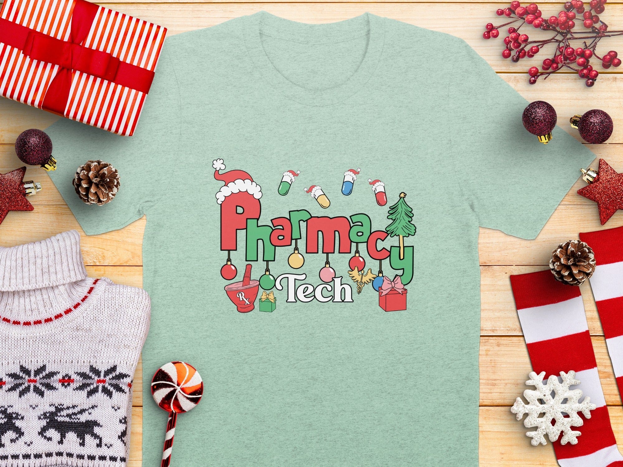 Festive Pharmacy Tech Graphic Tee for Holiday Season