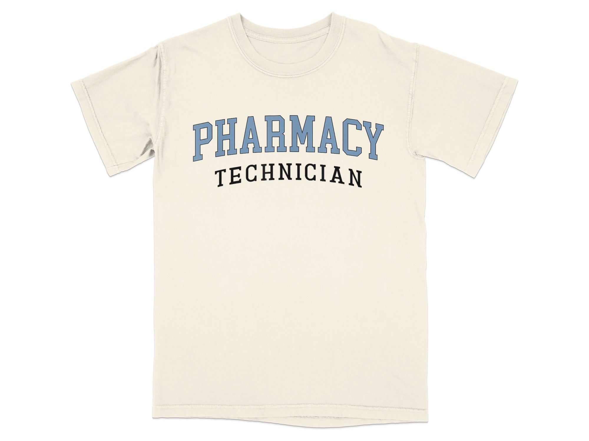 Cream t-shirt with "PHARMACY TECHNICIAN" in blue arched text.