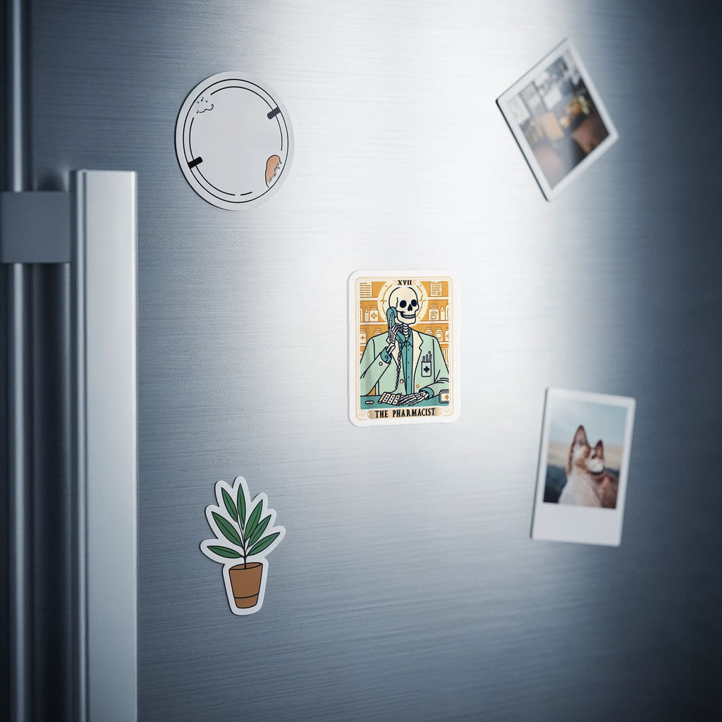 Skeleton pharmacist sticker with text "THE PHARMACIST" on a refrigerator.