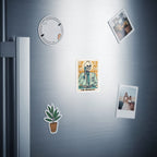 Skeleton pharmacist sticker with text "THE PHARMACIST" on a refrigerator.