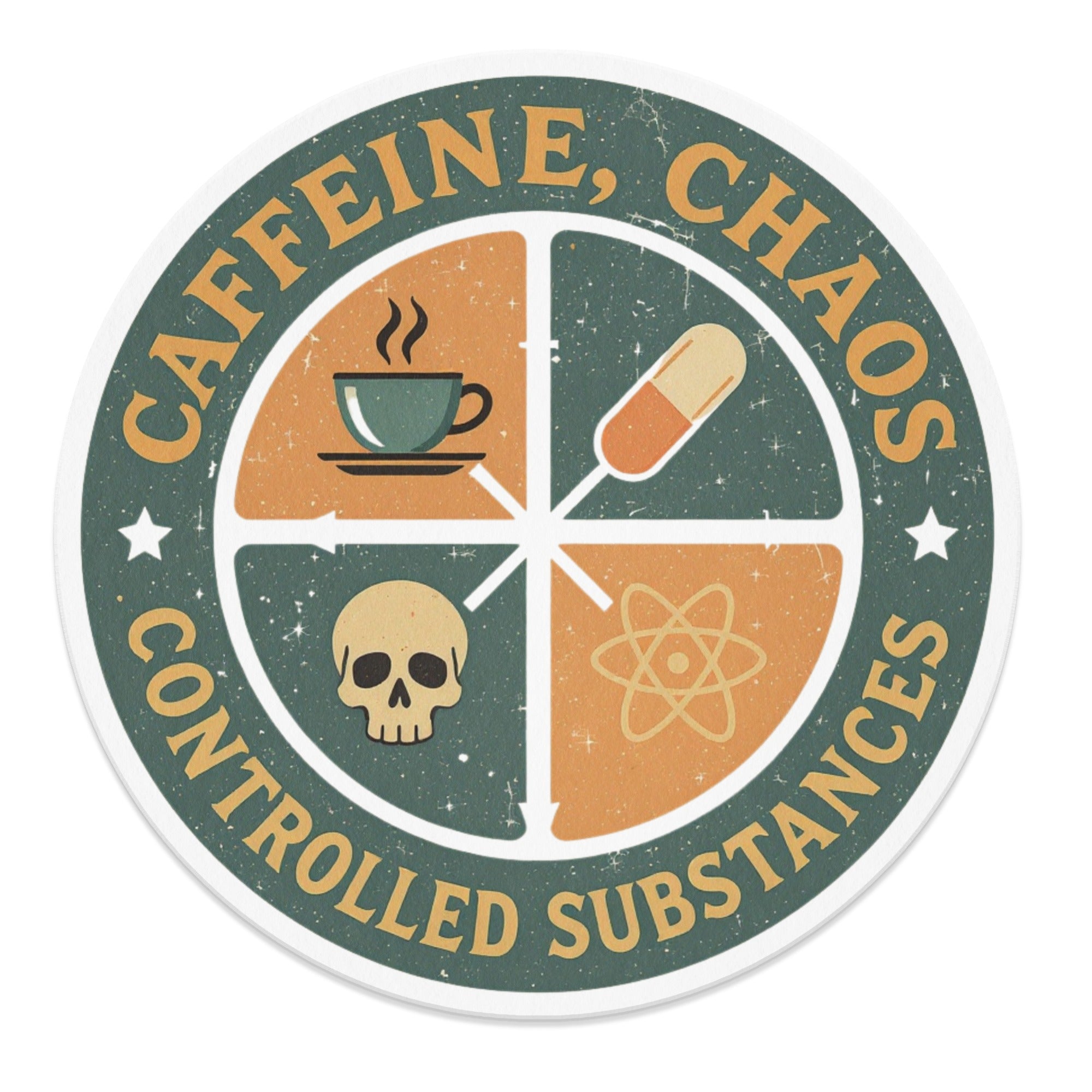 Circular emblem with "CAFFEINE, CHAOS, CONTROLLED SUBSTANCES" and icons of coffee, pill, skull, atom.