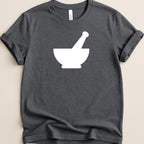 Dark grey t-shirt with a white mortar and pestle graphic centered on the chest.