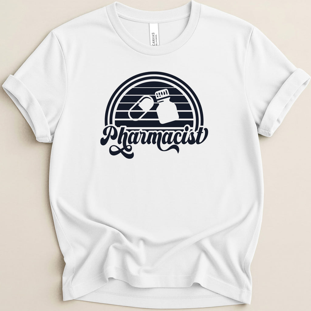 White t-shirt with black pharmacist logo featuring a pill and bottle.