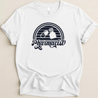 White t-shirt with black pharmacist logo featuring a pill and bottle.