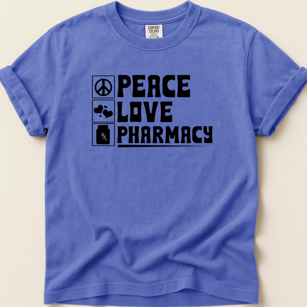 Blue t-shirt with "Peace Love Pharmacy" text and icons.