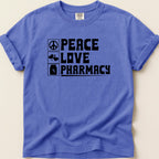 Blue t-shirt with "Peace Love Pharmacy" text and icons.