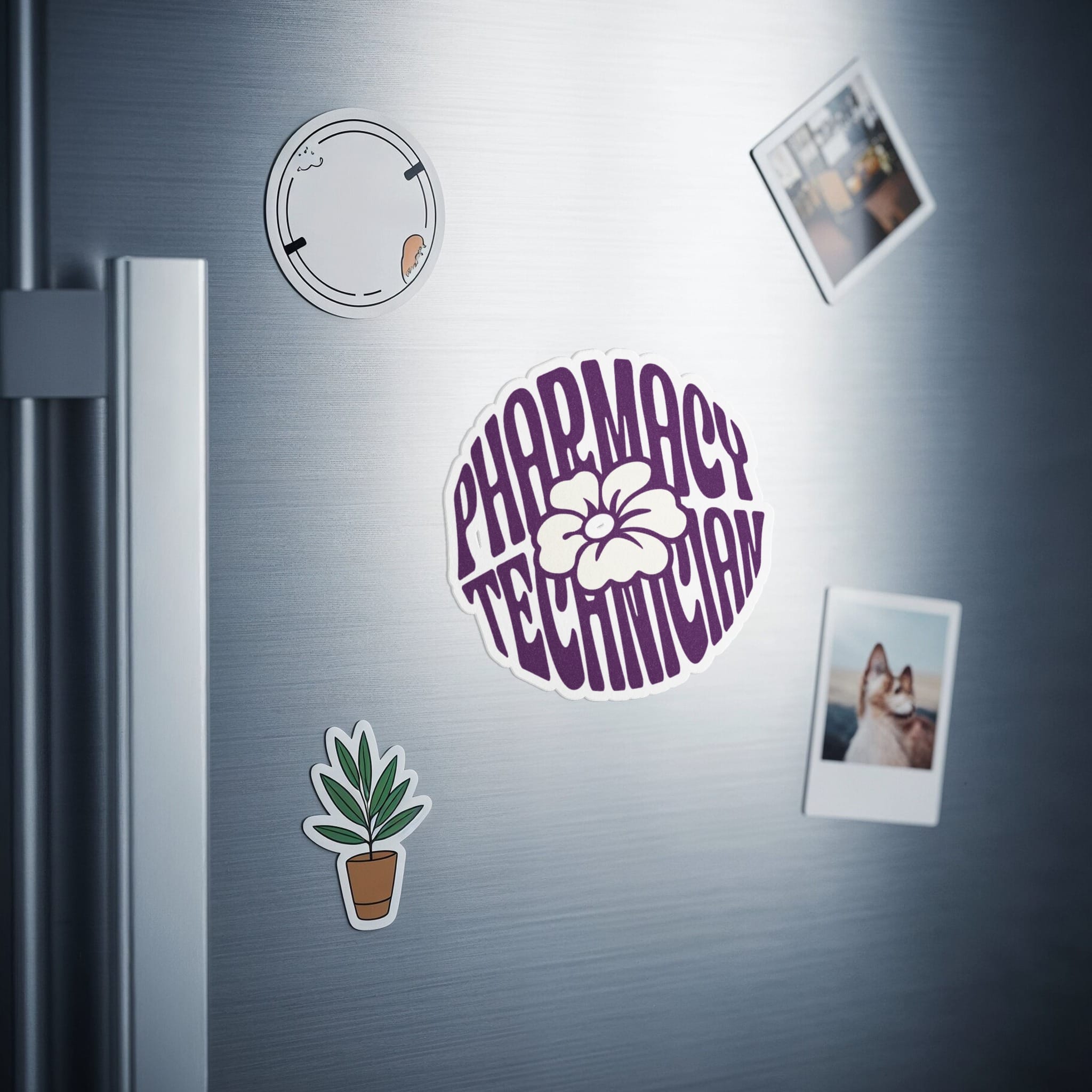 Purple circular sticker with "Pharmacy Technician" and a flower.