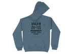 Blue hoodie with black Salem Pharmacy Potions Tonics Elixirs graphic.