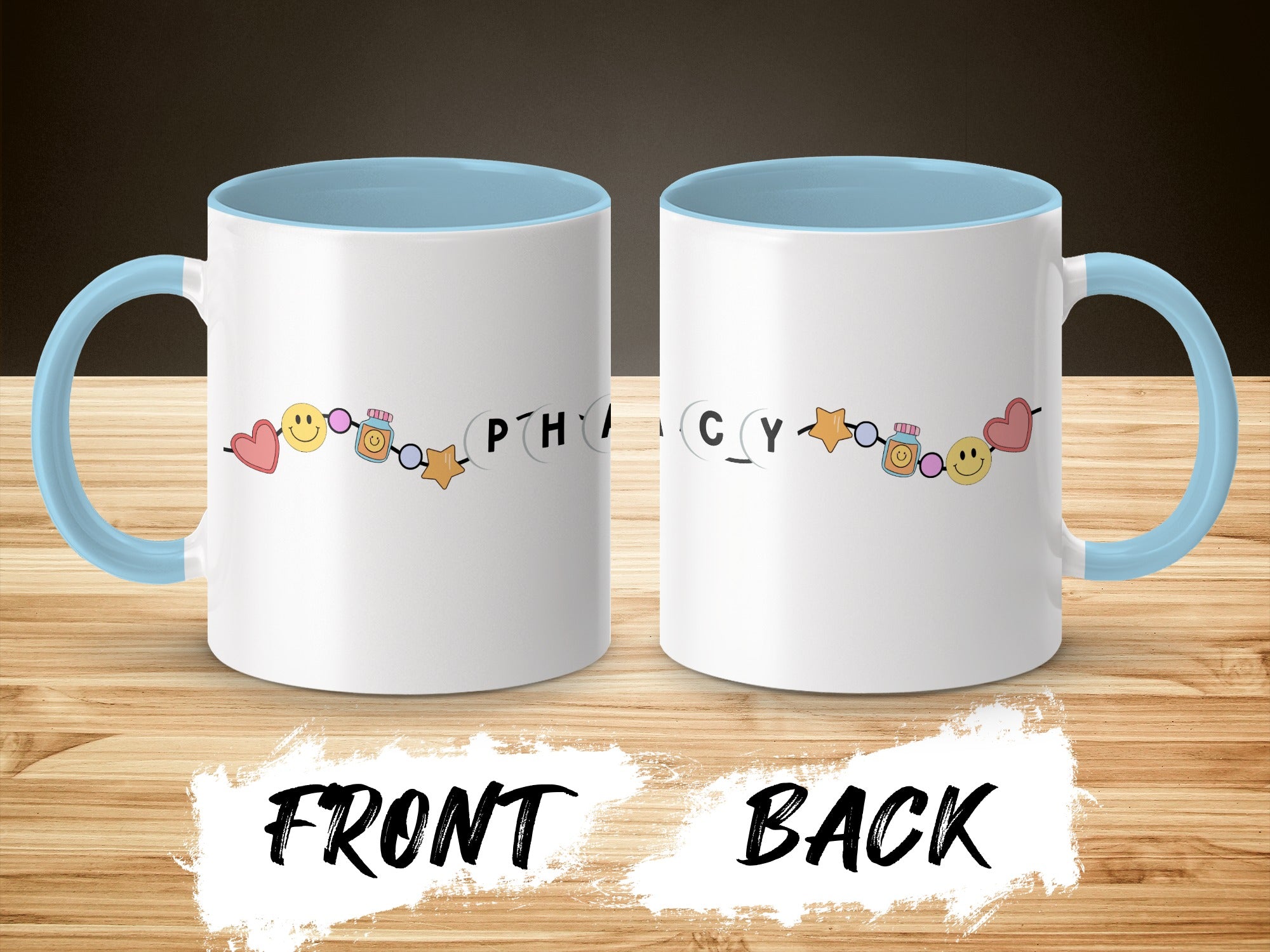 White mug with light blue handle and rim, featuring cartoon pills and smiley faces.