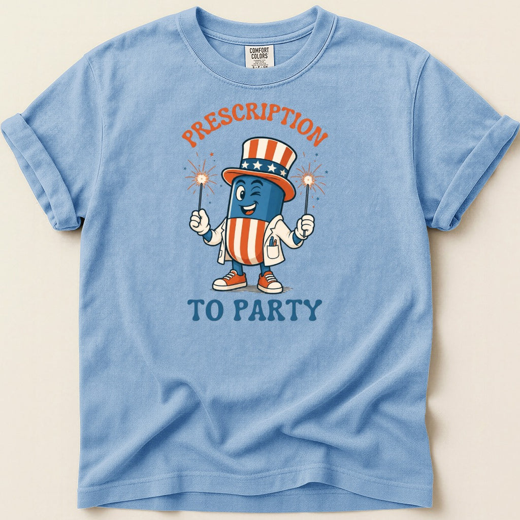 Cartoon pill character in patriotic hat holding sparklers, text "Prescription to Party".