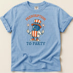 Cartoon pill character in patriotic hat holding sparklers, text "Prescription to Party".