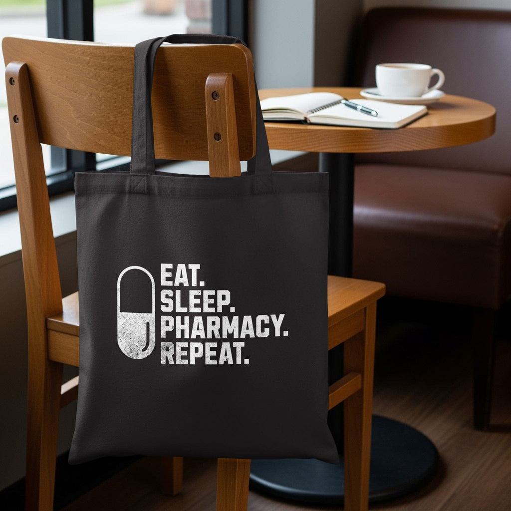 Eat Sleep Pharmacy Repeat design on a practical tote bag