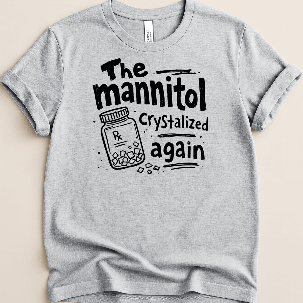 The mannitol Crystalized again graphic on a light grey t-shirt.