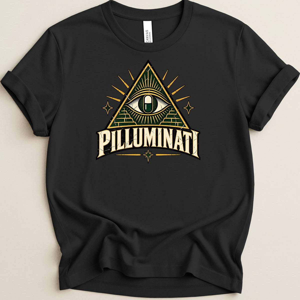 Black t-shirt with a pyramid eye, pill, and "PILLUMINATI" text graphic.