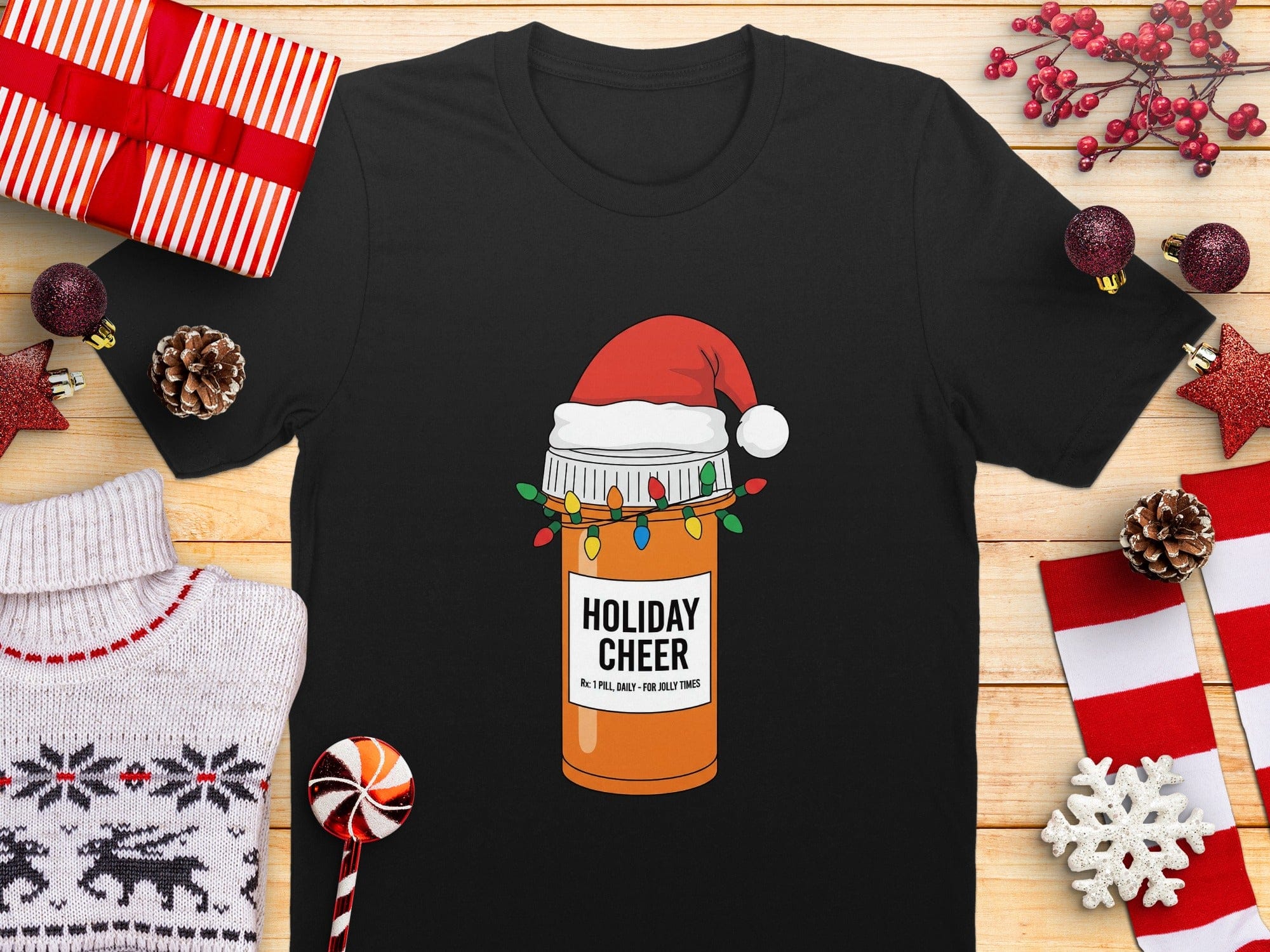 Holiday Cheer Pill Bottle with Santa Hat Graphic Tee