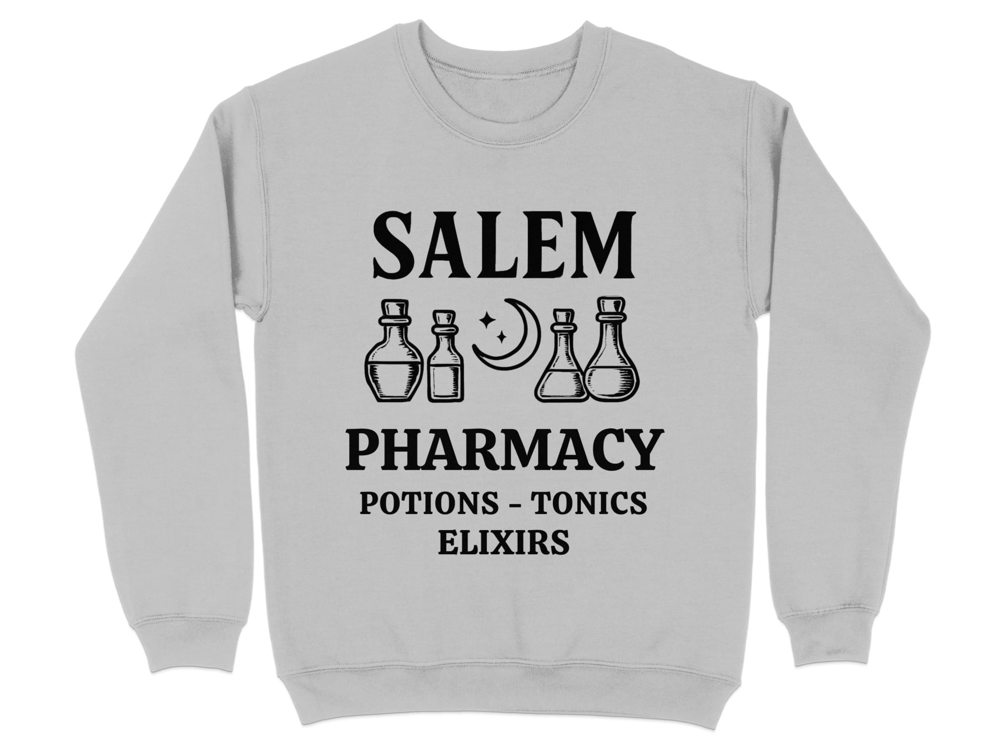 Salem Pharmacy potions and elixirs text on gray sweatshirt.