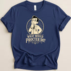Navy t-shirt with graphic of a man in a lab coat asking "What would Procter do?".