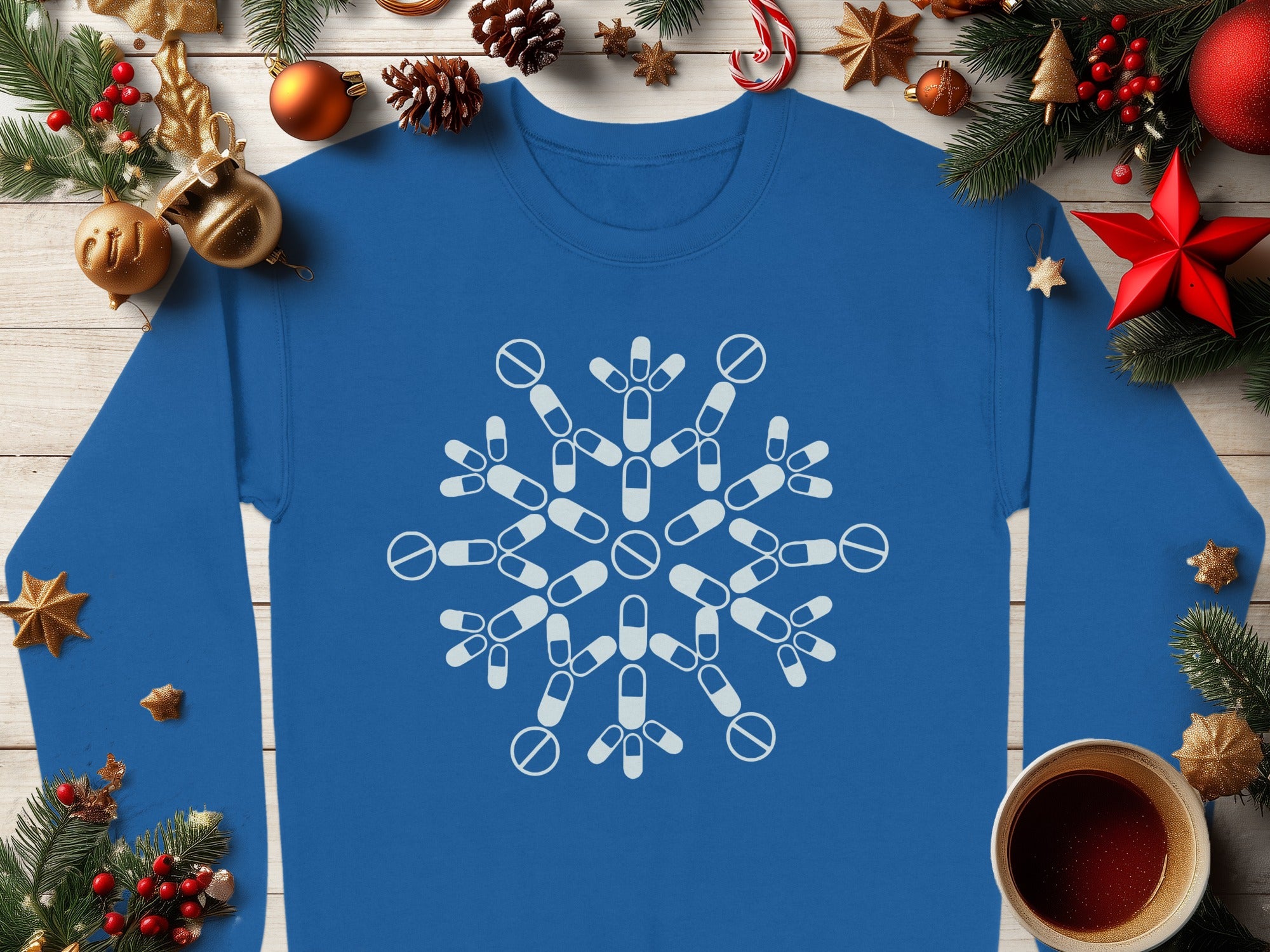 Festive Blue Sweater with Snowflake Print Design