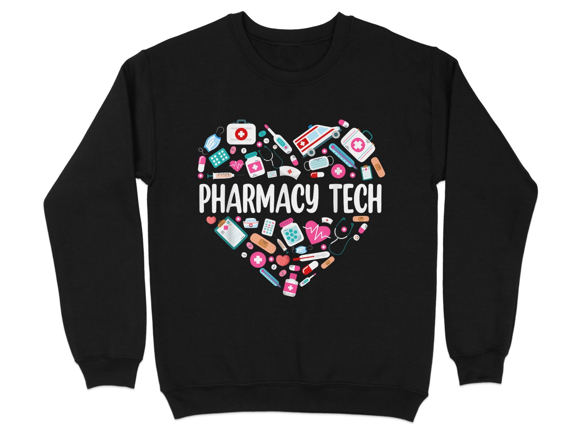 Black sweatshirt with a heart-shaped collage of medical icons and "Pharmacy Tech" text.