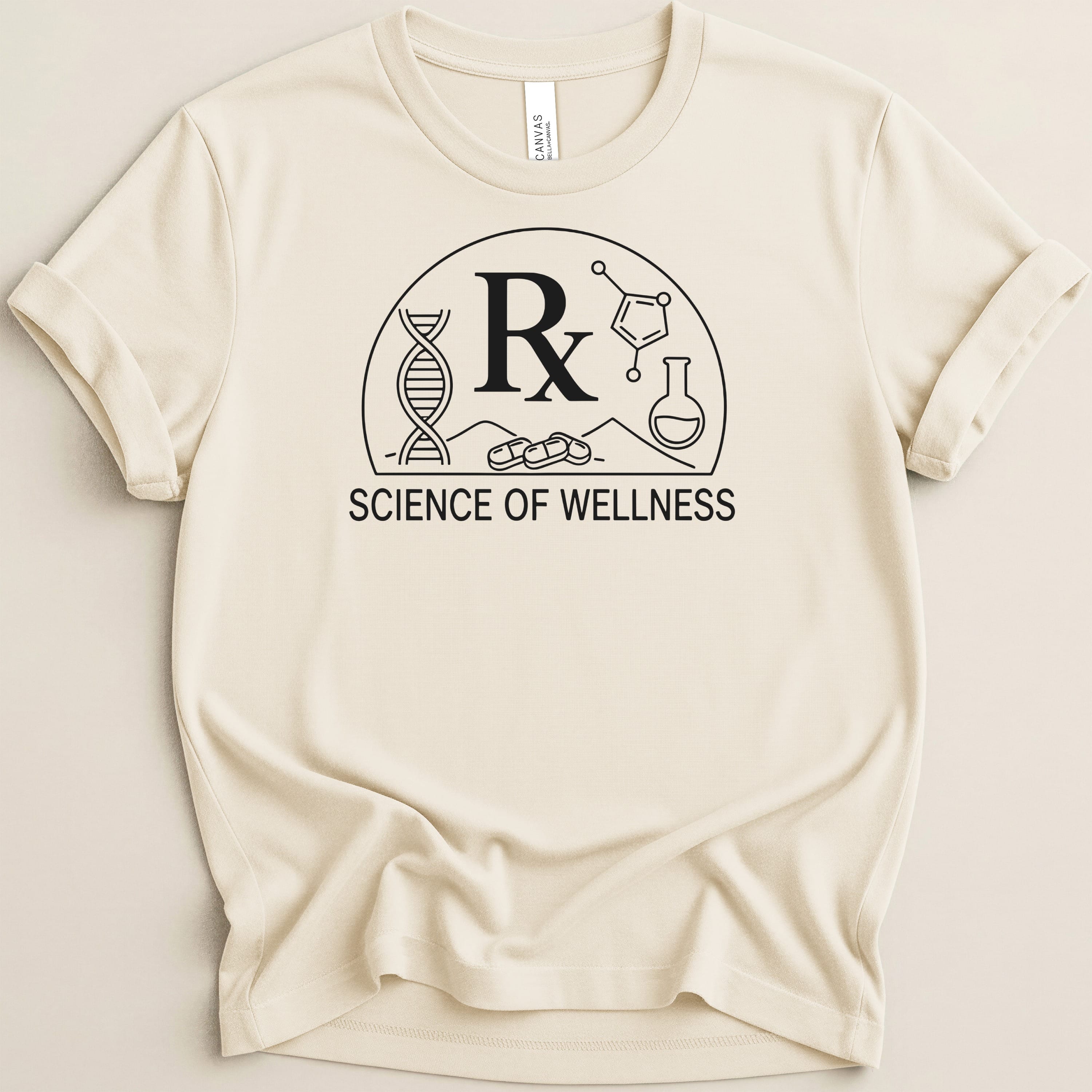 Cream t-shirt with black "Science of Wellness" logo featuring DNA and chemistry symbols.