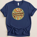 Navy t-shirt with round pharmacy technician graphic featuring mortar and pestle, pills, and RX.