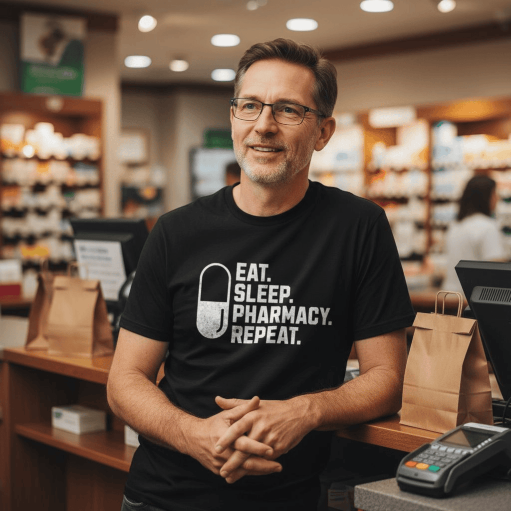 Eat Sleep Pharmacy Repeat Tee - Adverse Reactions - Pharmacy Apparel for Pharmacists, Techs & Students