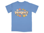 Blue t-shirt with "Pharmacy" in a retro font surrounded by flowers.
