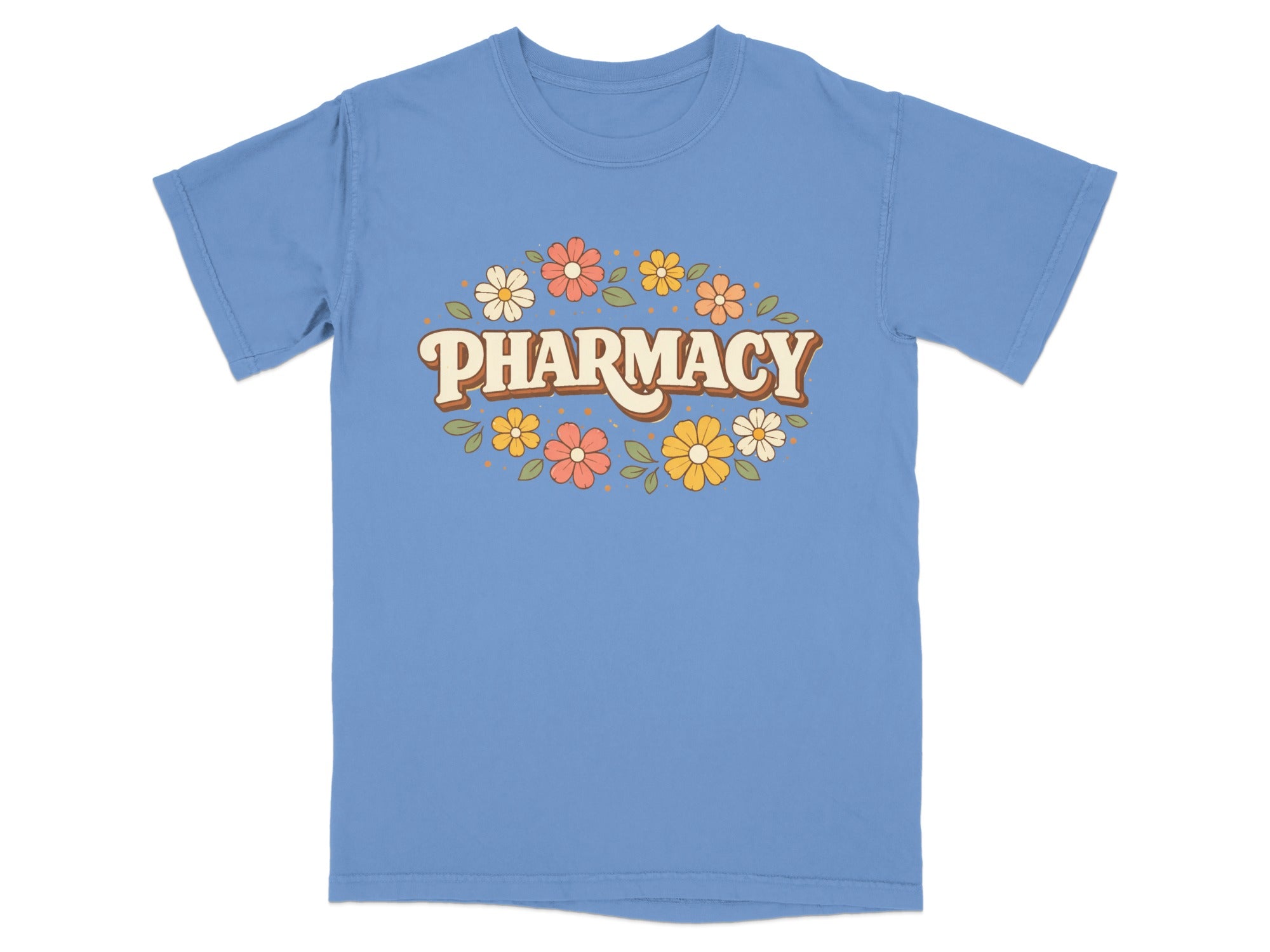 Blue t-shirt with "Pharmacy" in a retro font surrounded by flowers.