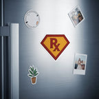 Superhero RX symbol sticker and photos on a refrigerator door.