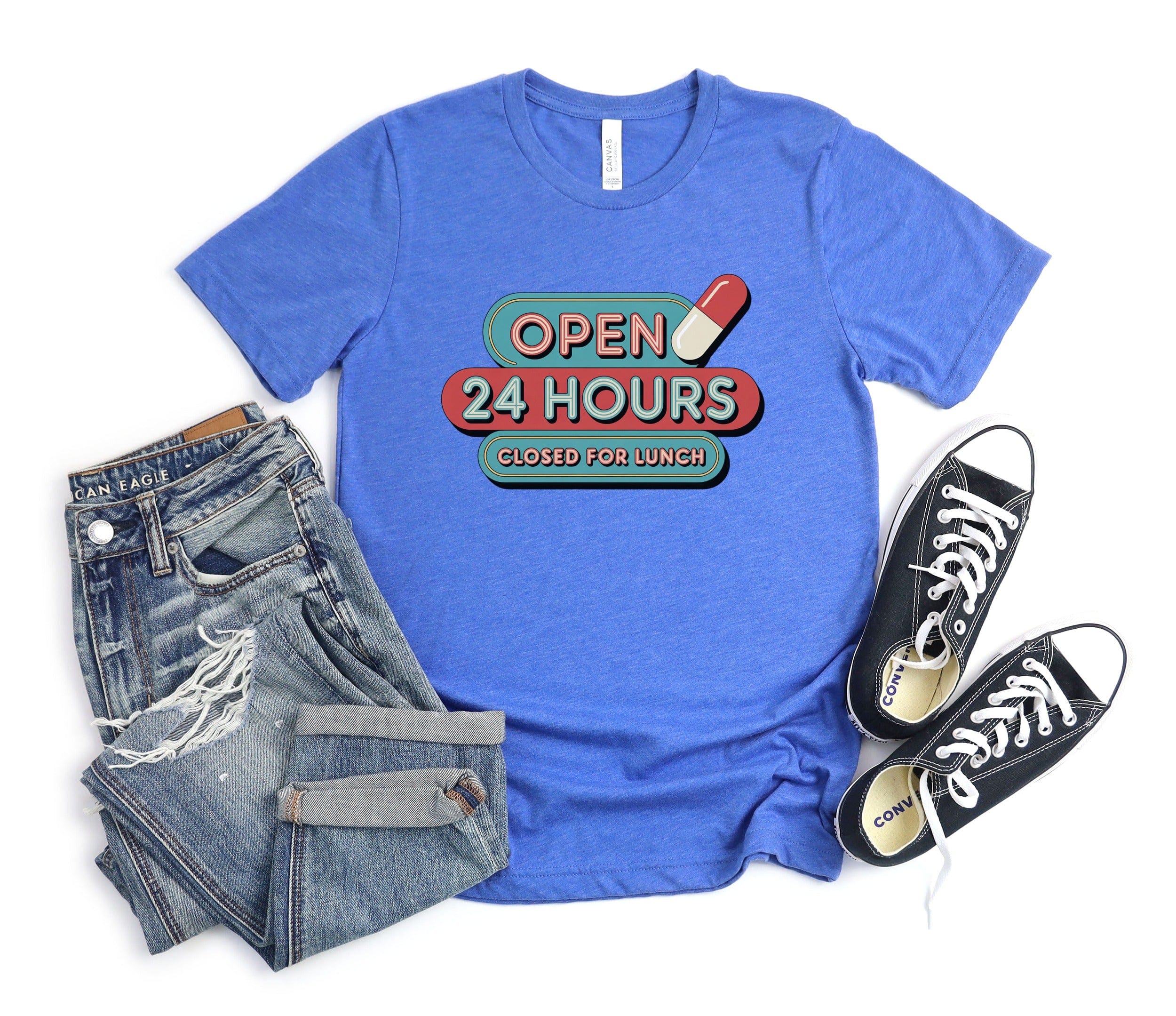 Open 24 Hours Closed For Lunch Graphic T-shirt