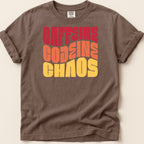 Brown t-shirt with "CAFFEINE CODEINE CHAOS" text in stacked, retro-style lettering.