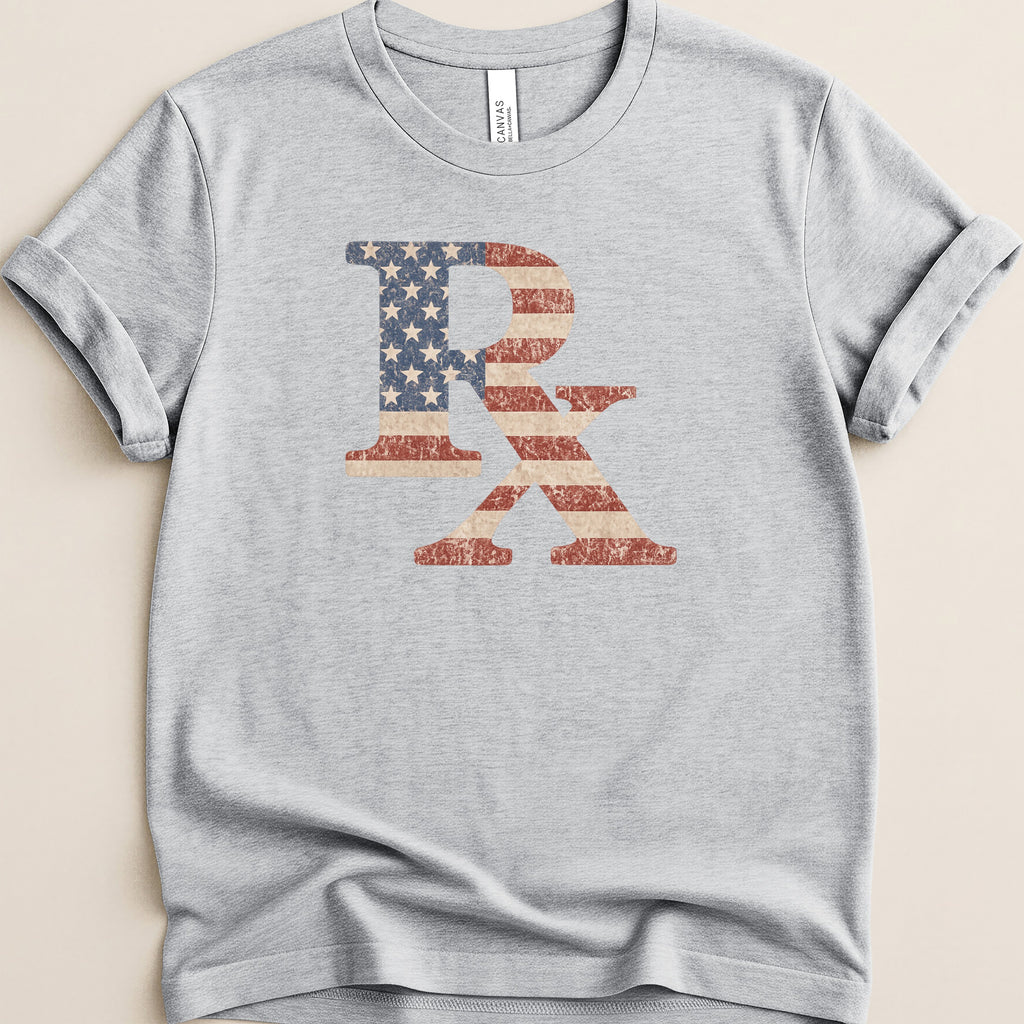 Gray t-shirt with distressed American flag RX symbol design.