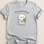 Gray t-shirt with white cartoon cat in lab coat holding Rx bottle.