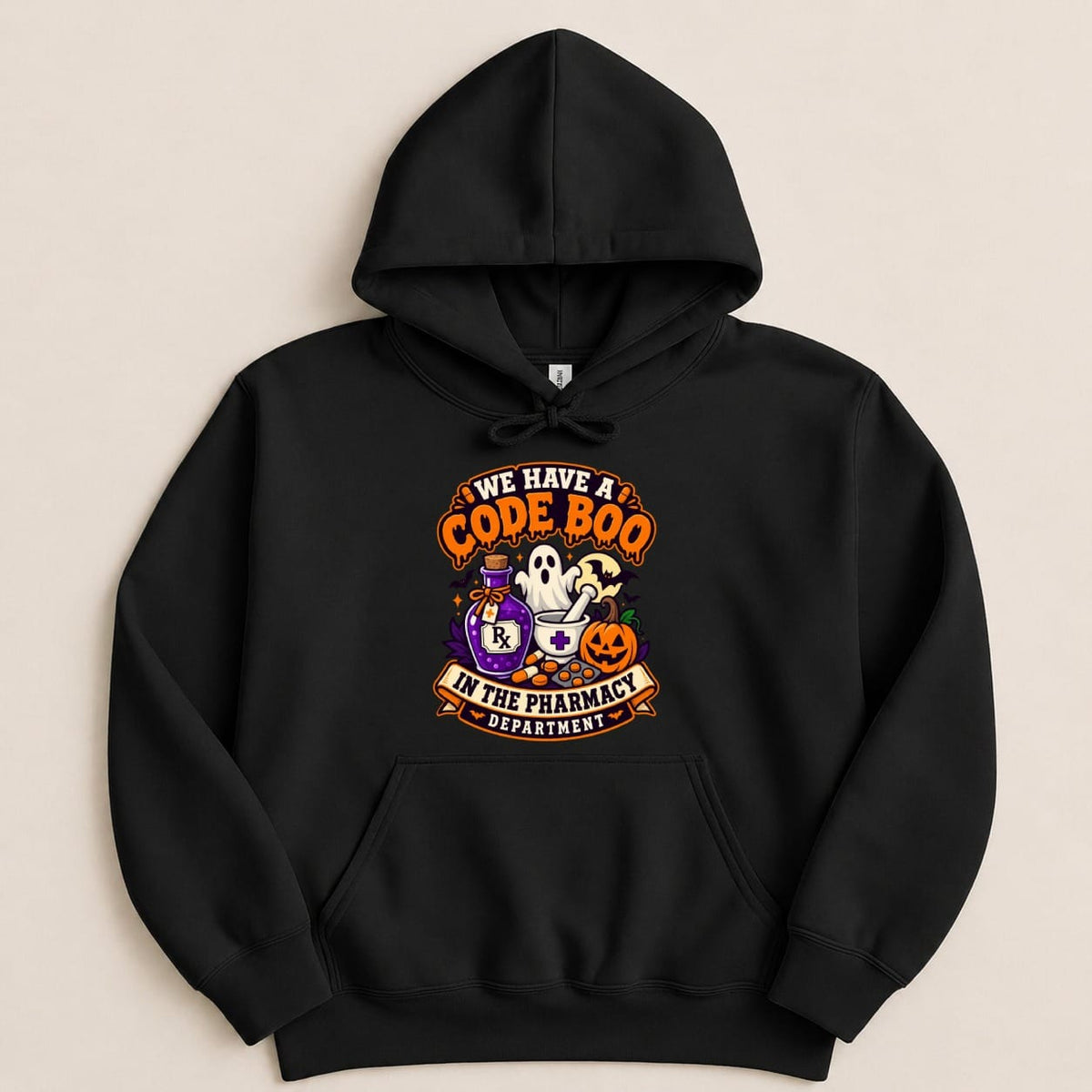 Black hoodie with "We Have A Code Boo In The Pharmacy Department" Halloween graphic.