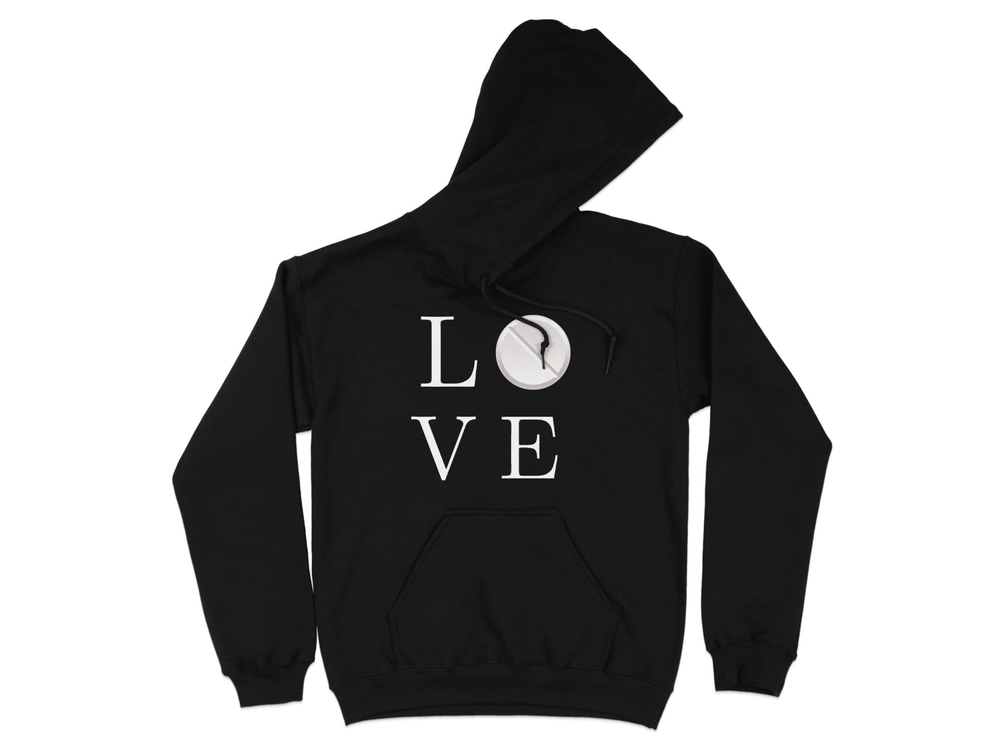 Black hoodie with "LO VE" and a white pill graphic on the chest.