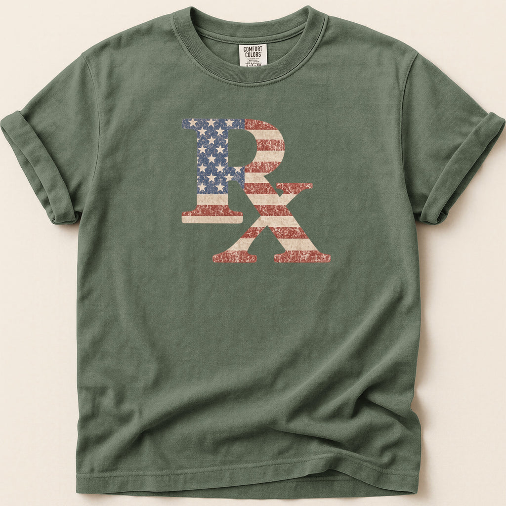 T-shirt with distressed American flag Rx graphic.