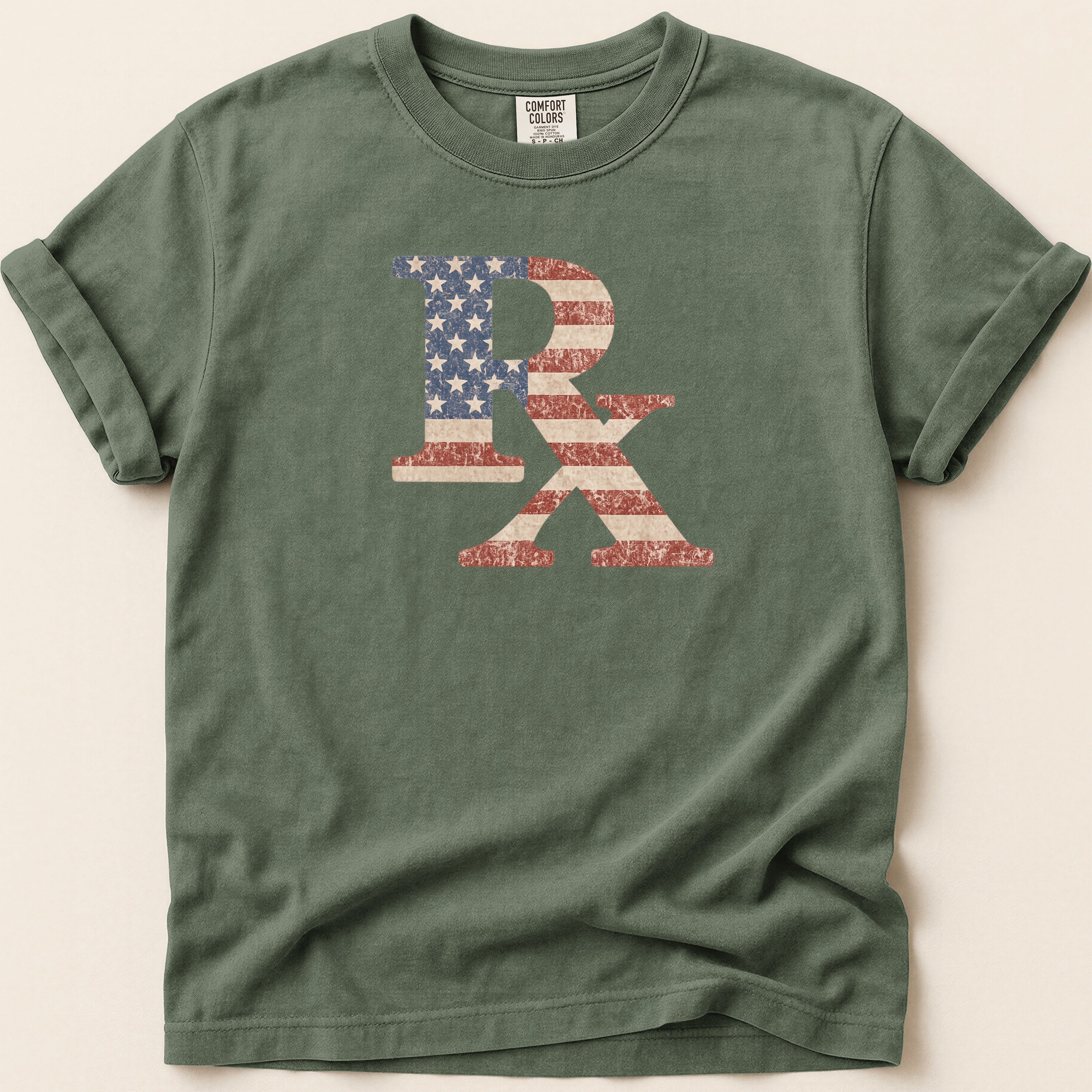 T-shirt with distressed American flag Rx graphic.