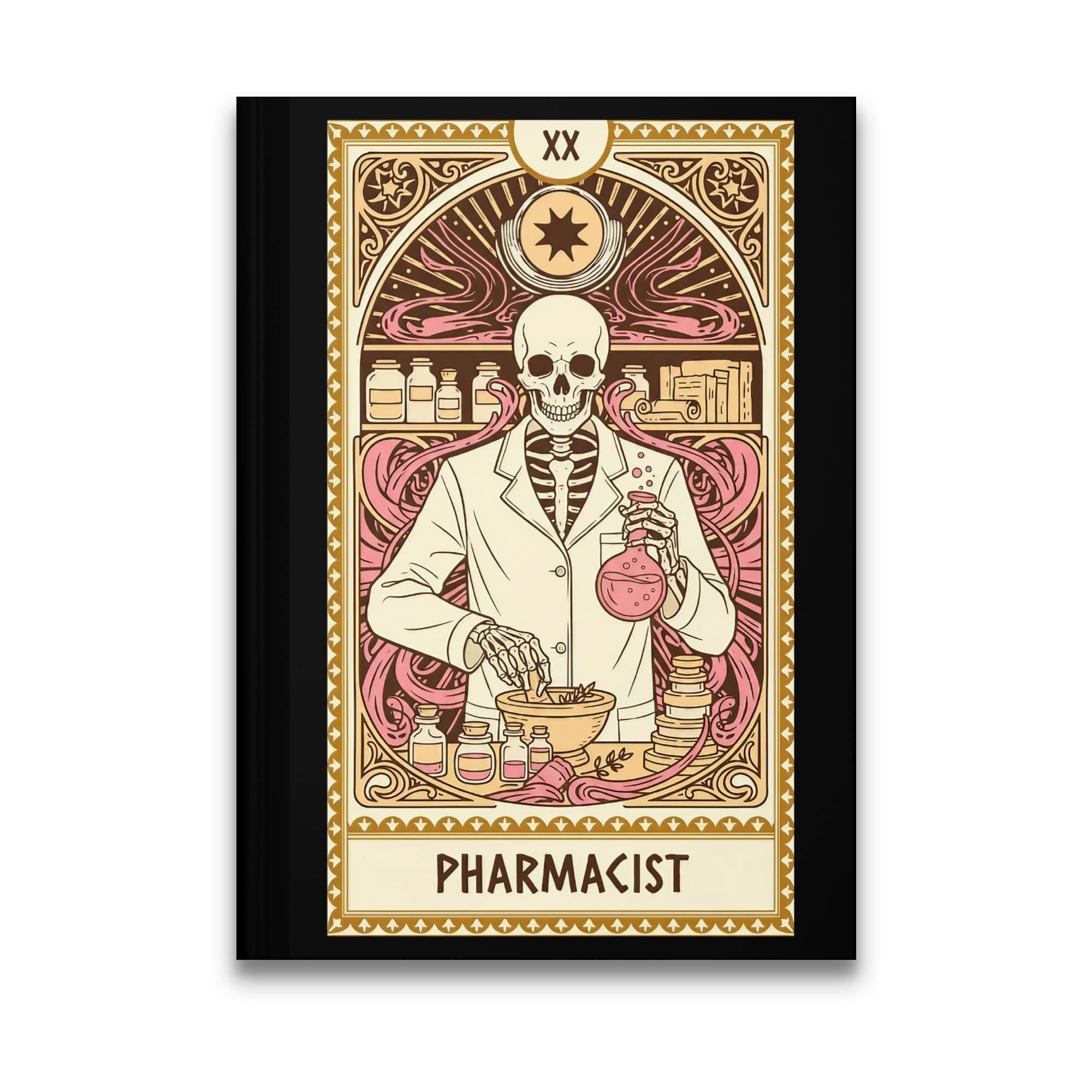 Tarot card illustration of a skeleton pharmacist holding a potion bottle.