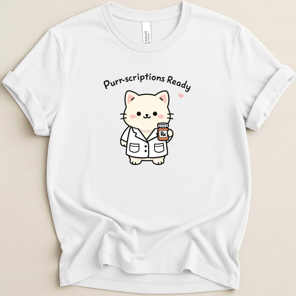White t-shirt with a cartoon cat in a lab coat holding a prescription bottle.