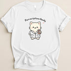White t-shirt with a cartoon cat in a lab coat holding a prescription bottle.
